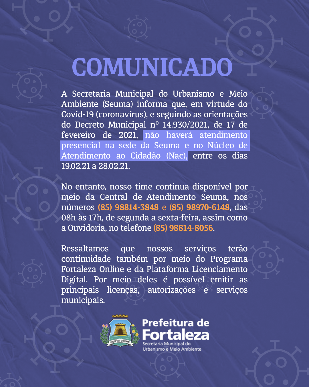 comunicado funcionamento seuma 19 02 21